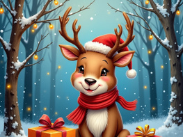 A festive cartoon reindeer sits amid gifts in a snowy scene preview picture