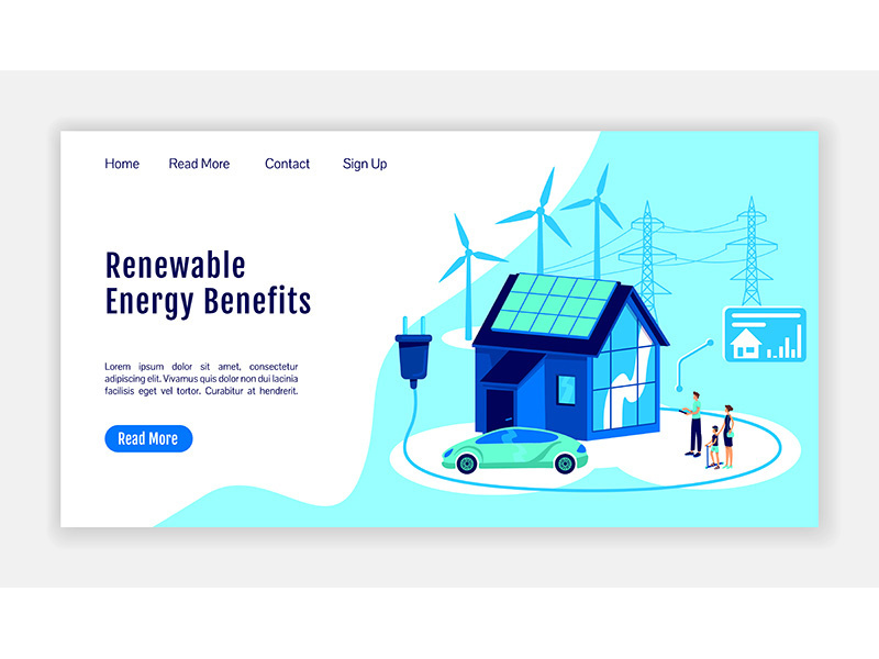 Renewable energy benefits landing page flat color vector template