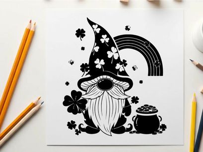 St patrick's day gnome silhouette with rainbow and shamrocks