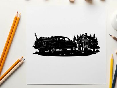 Silhouette of a pickup truck parked beside a cabin