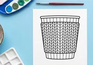 Coffee cup with knitted cozy sleeve, vector line art illustration for Christmas design.