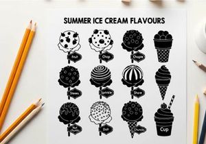 Silhouette of various summer ice cream flavors in black and white