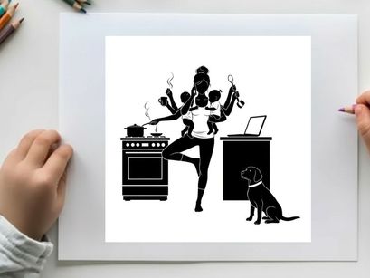 Silhouette of a multitasking woman with dog and kitchen office