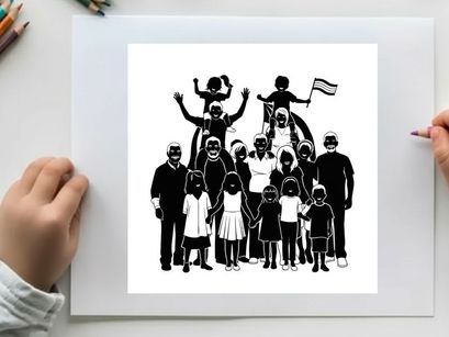 Diverse group of people in silhouette with children on shoulders waving a flag