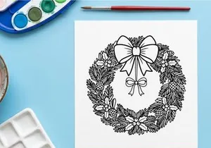 Christmas wreath line art illustration with pine cones and a decorative festive bow