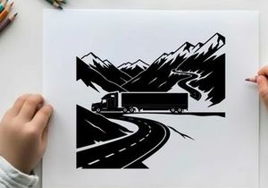 Truck driving through mountains silhouette on a winding road