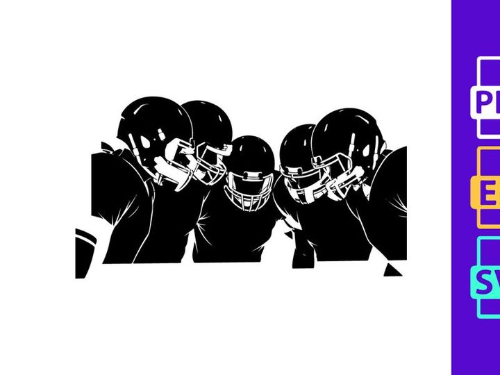 American football players in huddle formation wearing helmets and pads