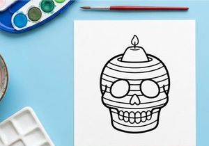 Hand-drawn sugar skull with lit candle for Day of the Dead celebration. Cartoon-style calavera face illustration for Halloween and festive decor.