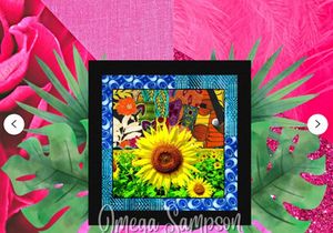 Sunflower in a Sunflower Field with Colorful Retro African Patchwork Background & Border DIGITAL Printable Downloadable Wall Art Flower Art
