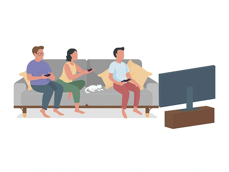 Family members playing video games semi flat color vector characters