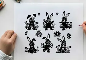 Silhouette of six adorable bunnies in flowers and butterflies