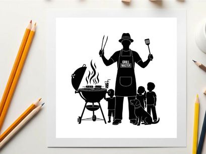 Silhouette of a man grilling with kids and dog