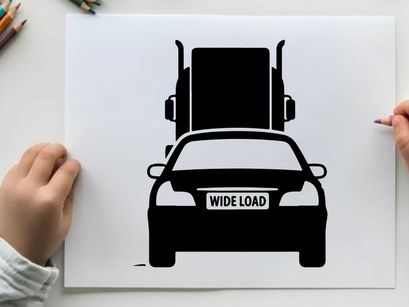 Silhouette of a car with oversized load on a flatbed truck