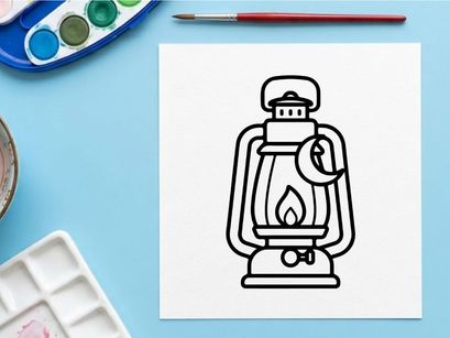 Halloween lantern icon with crescent moon. Spooky oil lamp line art for holiday design.