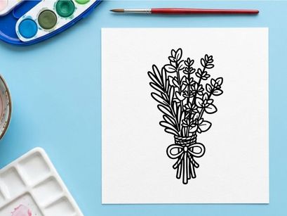 Hand drawn herb bouquet illustration. Sketch of fresh aromatic culinary herbs with twine.