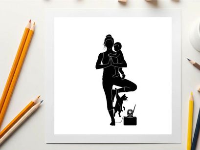 Silhouette of a woman with a baby and cat exercising