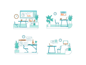 Office spaces flat color vector scene set preview picture