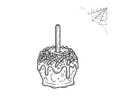 Halloween-Karamellapfel-Ausmalbild. Gruselige Karamellapfel-Linienkunst für Kinderaktivitäten.