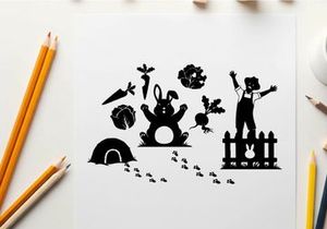 Silhouette of rabbit and scarecrow in garden scene