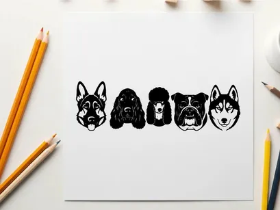 Silhouette of five dog breeds in a row illustration