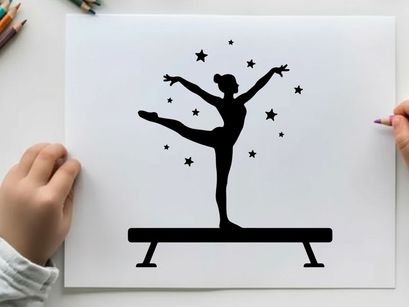 Silhouette of gymnast on balance beam with stars