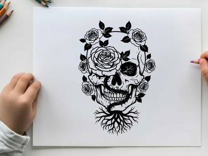 Silhouette of a skull with roses and roots