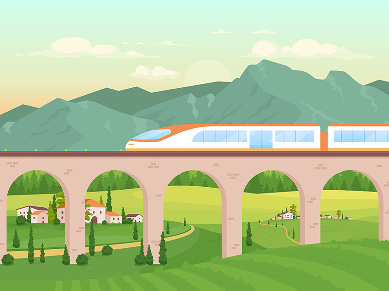 Express train flat color vector illustration