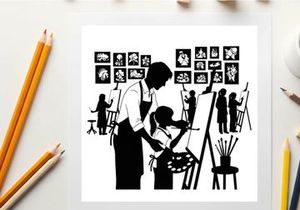 Silhouette of art teacher and student in art class with paintings