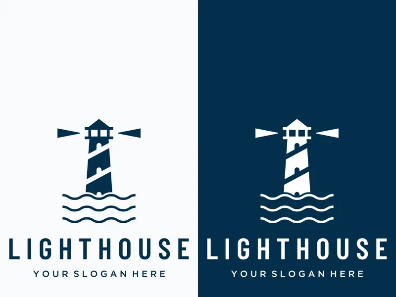 Sea lighthouse tower building creative logo with spotlights vintage vector template.