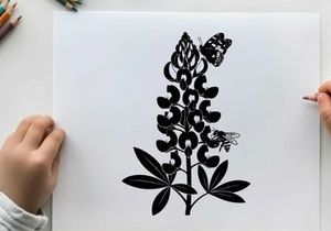 Silhouette of a plant with leaves and flowers growing