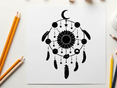 Silhouette dreamcatcher with crescent moon and feathers