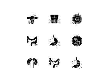 Abdominal pain black glyph icons set on white space preview picture