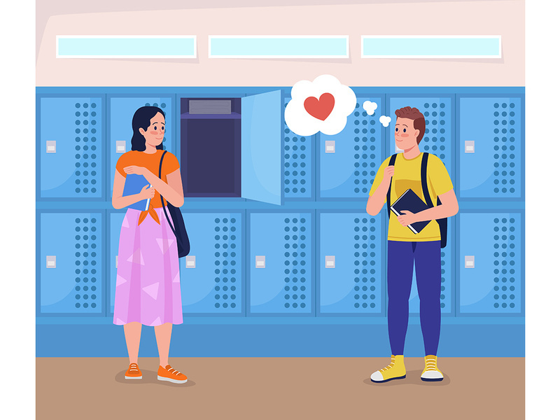 High school love flat color vector illustration