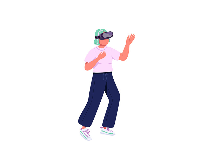 Young woman in VR headset flat color vector faceless characterv