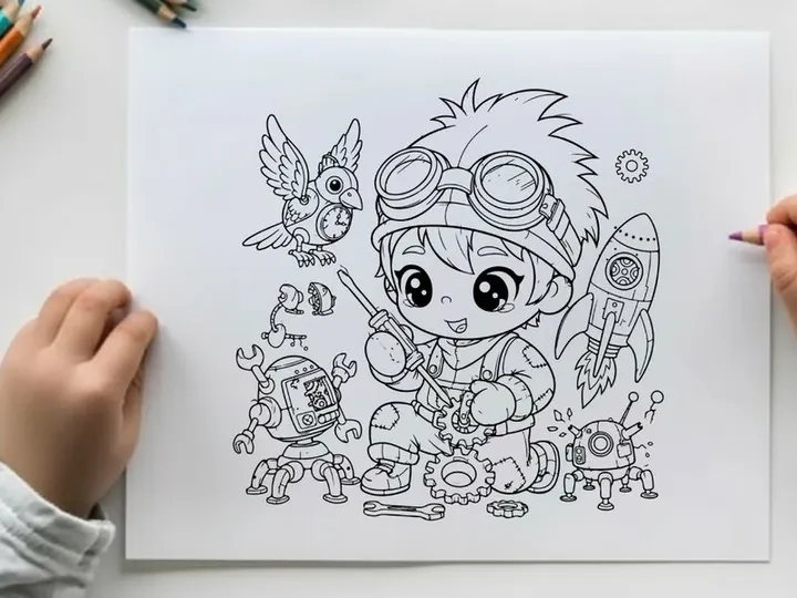 Cute scientist kid with gadgets and space vector illustration