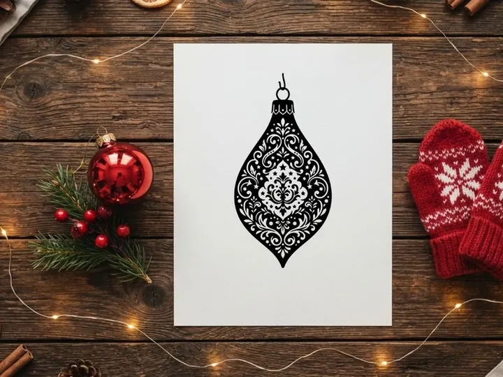 Black and white Christmas ornament with intricate damask pattern isolated on white background