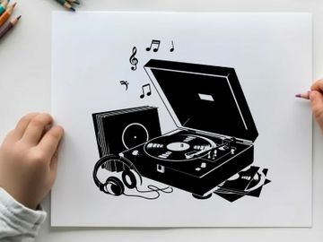 Silhouette of a record player with music notes and headphones preview picture