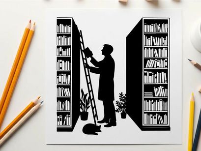 Silhouette of a man reaching for a book on a ladder between shelves