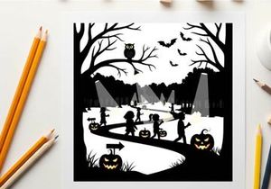 Halloween silhouette of children trick or treating in a spooky graveyard at night