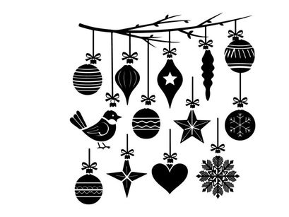 Christmas ornaments silhouette hanging from tree branch