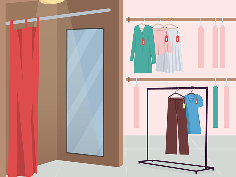 Dressing room in clothing store flat color vector illustration
