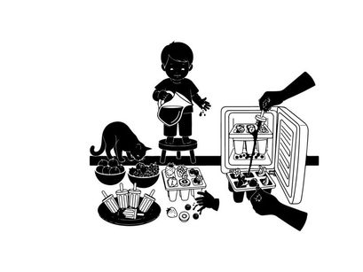 Silhouette of a child and dog near food and refrigerator