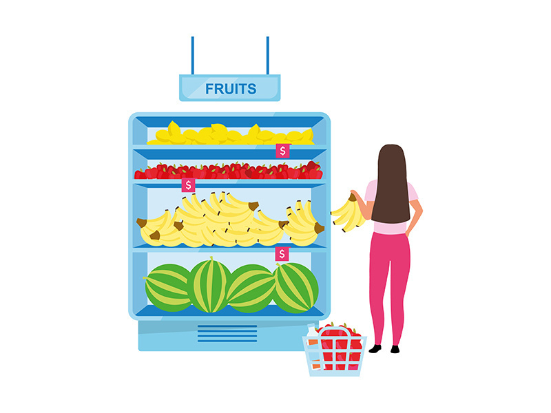 Woman buying fruits at grocery store semi flat color vector character