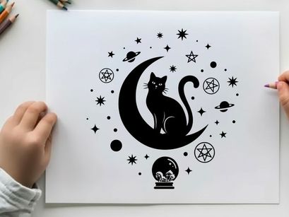 Mystic black cat silhouette on crescent moon with stars