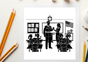 Police officer visiting a classroom with teacher and students silhouette