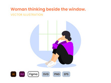 A woman thinking beside the window flat design concept.