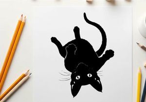 Black cat silhouette falling downwards with surprised expression