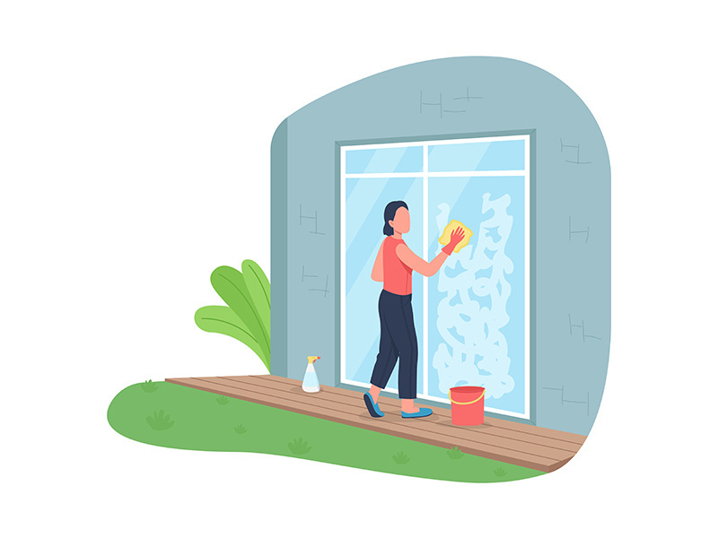 Woman washing window outside flat color vector faceless character