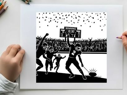 Silhouette of football players celebrating victory in a stadium with a scoreboard