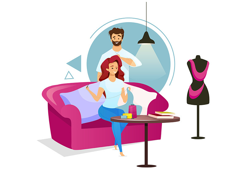 Couple in sewing studio flat color vector illustration